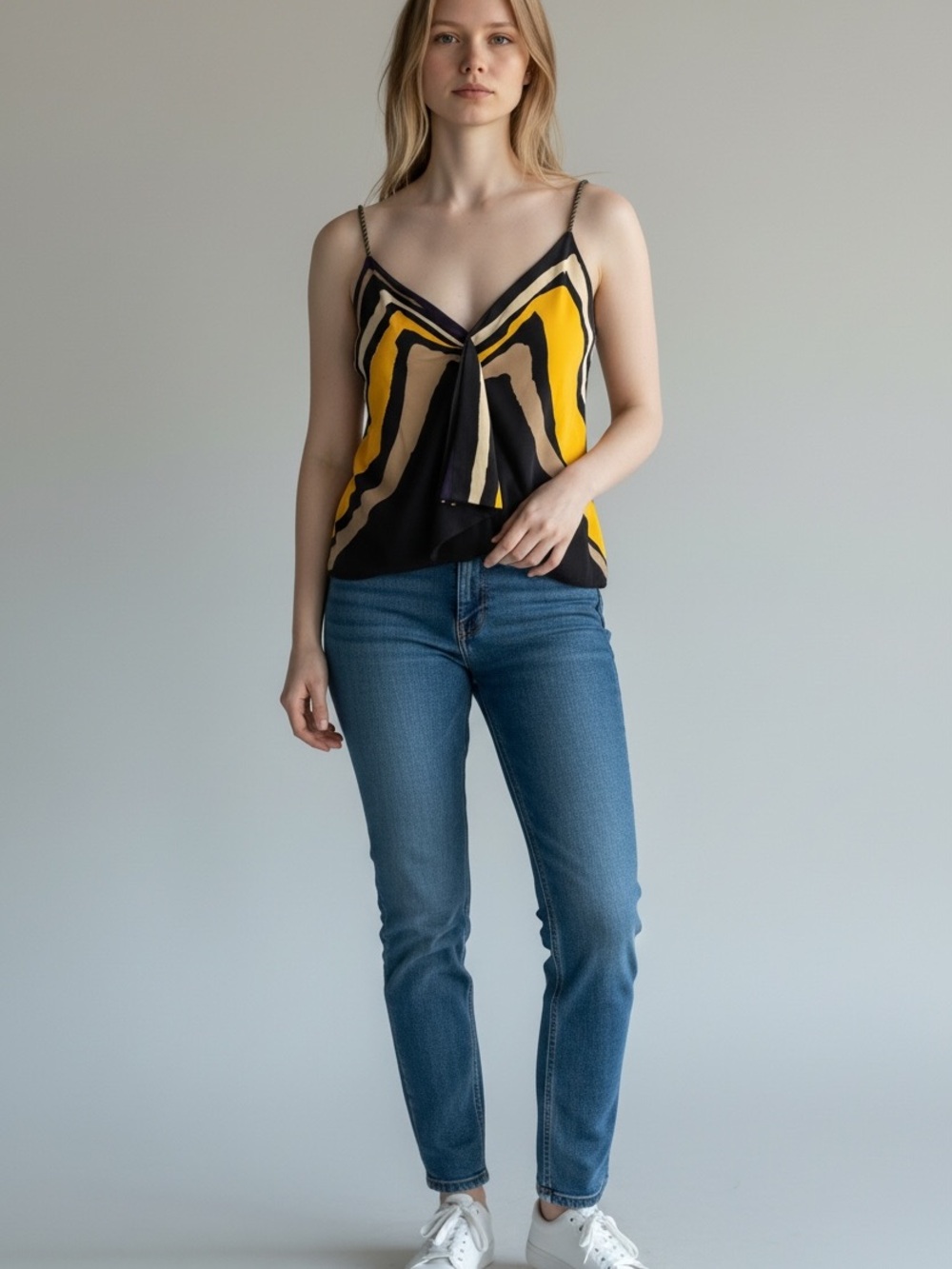 RACHEL Rachel Roy Yellow, Black & Cream V-Neck Silk Cami